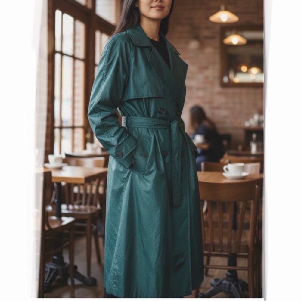 SANYO Carol Cohen PL Trench Coat Belt Green Lightweight Double Breasted Oversize